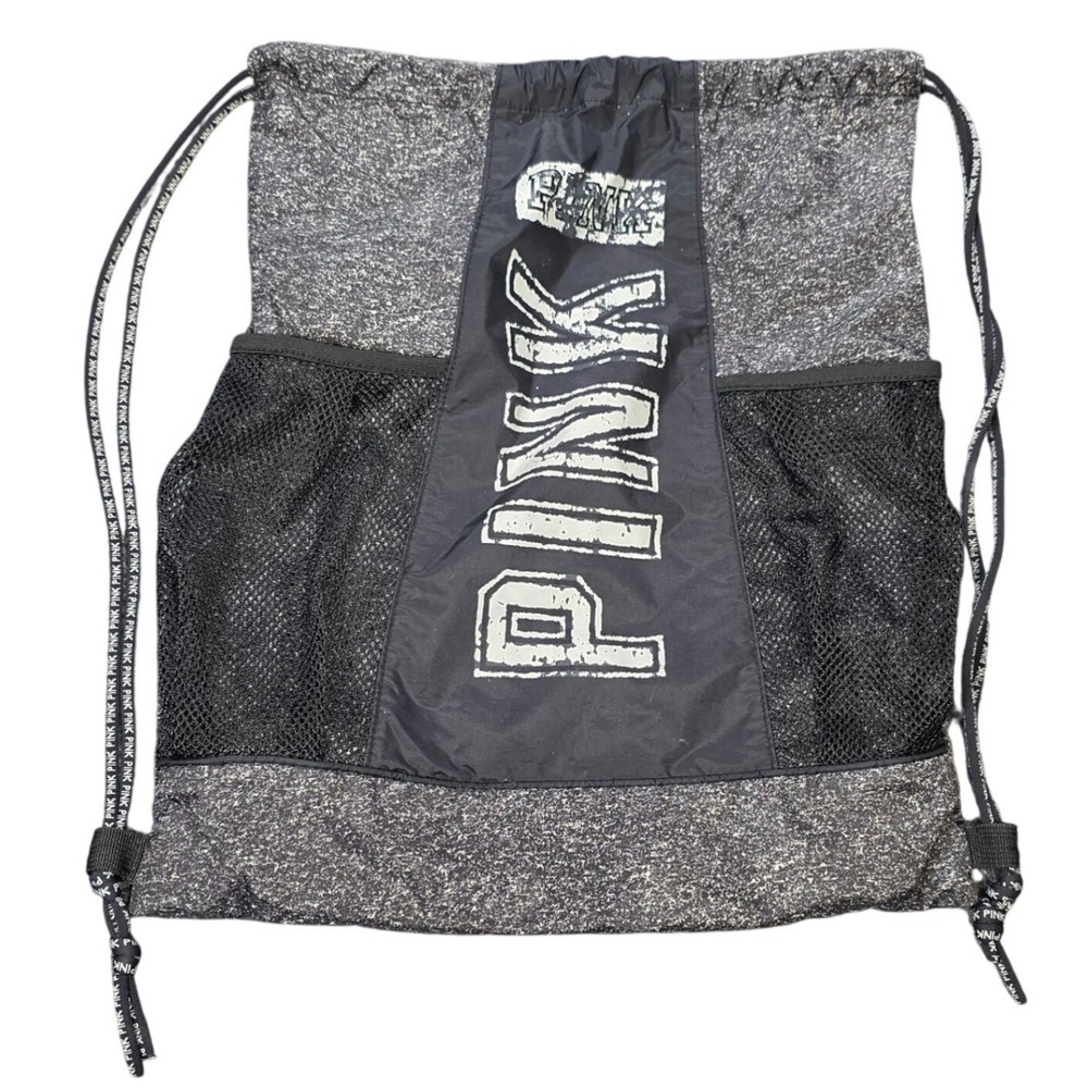 PINK Victoria's Secret‎ Drawstring Backpack Black Heathered Mesh Pockets Logo